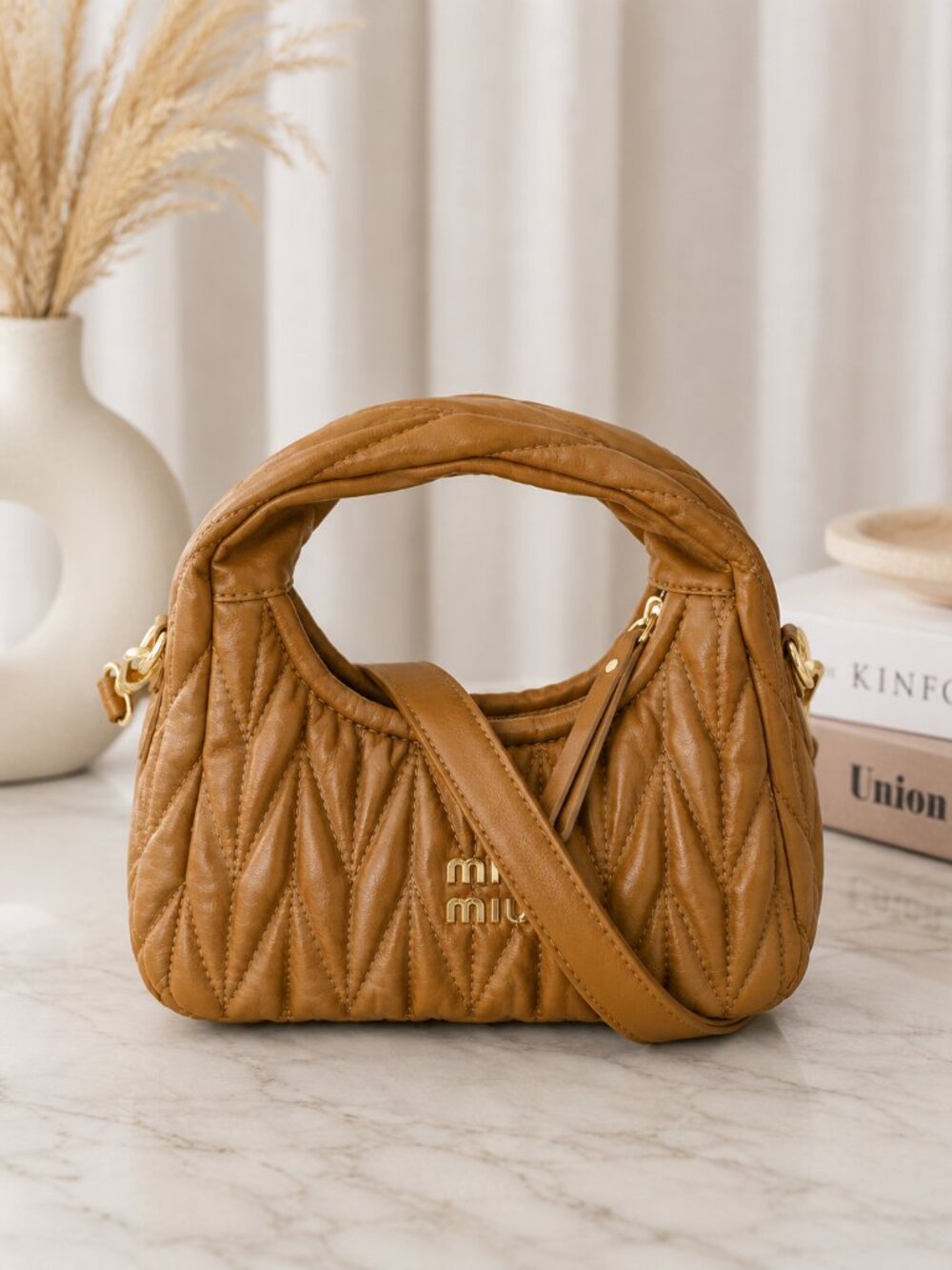 Camel Quilted Leather Top Handle Crossbody Bag Gold Hardware Adjustable Strap